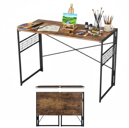 FurnitureR Designer Zeichentisch Klappbar 100x50cm - Architekt Tisch mit Stahlrahmen & Materialhaltern, 50kg, faltbar 5,5cm (Braun Holzoptik)