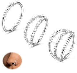 KRFY 3Pcs Silver Nose Rings 18G Septum Piercing Jewellery 316L Surgical Steel Nose Ring Hoops Cartilage Earrings Set Hinged Double CZ Tragus Conch Lip Daith Piercing Jewellery Silver 8mm