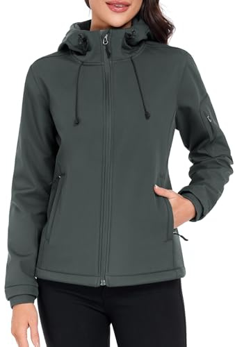 CMTOP Veste Softshell Femme Doublé Polaire Chaud Parka Imperméable À Capuche, Hydrofuge Coup-Vent Veste de Pluie d'Extérieur Veste mi Saison avec Poches À Fermeture Éclair(Gris,L)