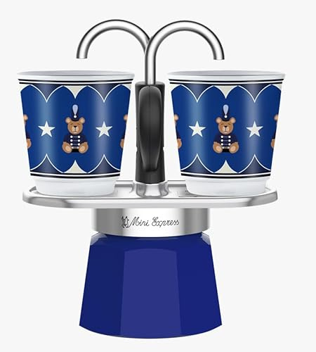 Bialetti Mini Express Christmas 2025 Set, Aluminium Mocha, Blue Coffee Maker with 2 Cups, Joyful Memories Special Edition