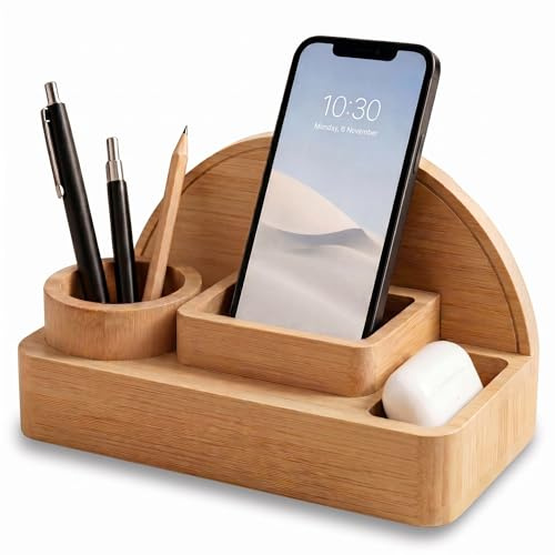 CIALESS Harmony Desk Organizer in bambù naturale 100%, Porta smartphone, penne, accessori da ufficio, Organizer scrivania minimal, Design elegante e sostenibile
