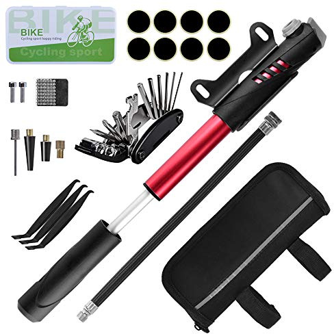 Qoosea Kit Bicicletta Riparazione 120 PSI Pompa Bici con Kit Riparazione Gomme 16 in 1 Kit Bici Manutenzione Compatibile Valvole Presta