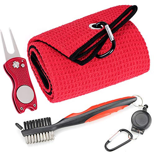 Mile High Life Mikrofaser Waffelmuster Golf Handtuch Club Groove Cleaner Brush Faltbares Divot-Werkzeug mit magnetischem Kugelmarker