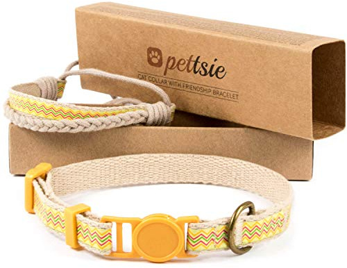 Pettsie Breakaway Cat Collar & Matching Bracelet, Adjustable Safety Collar for Cats, Soft Cotton, Lightweight, Stylish Design, Yellow