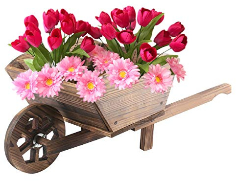 Crystals Garden Modern Wooden Wheel Barrow Planter Burnt Wood Flower CART Ornamental Pot, Decorative Touch for Garden, Flower Bed, Patio OR Balcony