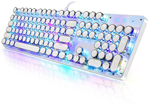 YSCP Typewriter Style Mechanical Gaming Keyboard RGB Backlit Wired with Blue Switch Retro Round Keycap 104 Keys Keyboard (R-White)