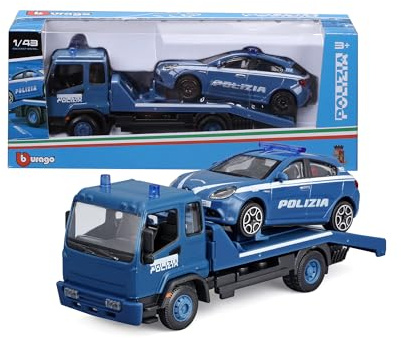 Bburago - Carro de Herramientas de policía con Coche, Escala 1:43, Modelo auténtico con Licencia Oficial, Detalles realistas, Edad 3+