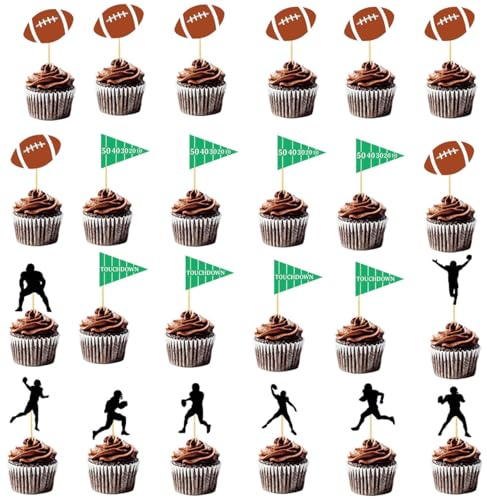 24 pcs Football Cupcake Toppers Rugby Ball Sport Super Ball Cupcake Toppers For Birthday Party (Football Party)