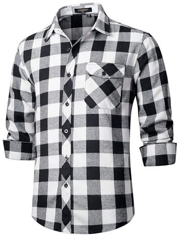 HISDERN Mens Plaid Flannel Shirts Long Sleeve for Men Casual Lumberjack Shirt Checked Button Down Regular Fit Black White M