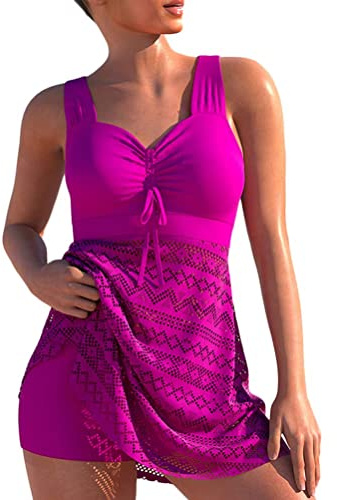 Femme Bikini Set Ventre Push up Maillots de Bain 2 pièces Dentelle Découpé Evidé Top Tankini Swimsuits avec Short de Bain Cover up Grande Taille (Rose,M)
