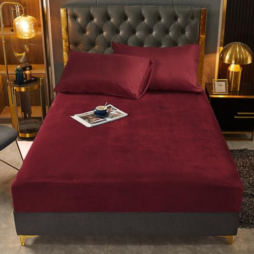 Warme Fleece Spannbettlaken 160x200cm Rot Weinrot Cashmere Touch Flauschig Plüsch Spannbetttuch für Boxspringbett Topper Uni Bettspanntuch für 160 x 200 Hohe Matratze Hoher Steg bis 25-30 cm