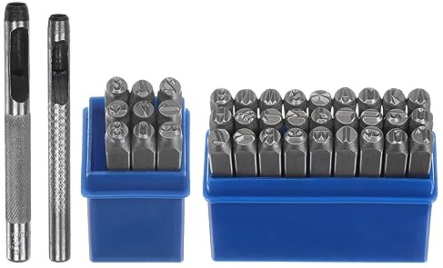 sourcing map Kit de estampado de metal de 36 piezas de 3/16 pulgadas (5 mm) (símbolo A-Z, 0-8 y Símbolo) Herramienta de prensa de letras de acero con perforador para sellar en metal, plástico,