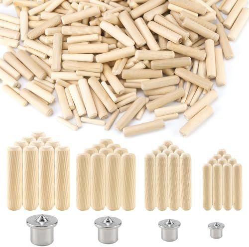 Holzdübel Set Holzdübel Sortiert 500 Stück M6 M8 M10 M12 Holzdübel Dübel Set aus Holz mit 4 Zentrierstiften Riffelholzdübel Runde Buchenholzdübel für Möbelhandwerker, Heimwerken (M12 M6 M8 M10)