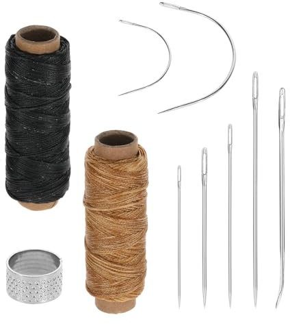 Giantree Ledergarn Ledernadel, 2Roll Wachsfaden mit Sattlernadel, Wohnung Ledergarn Gewachst Inklusive Sattlernadel Rundnadel Leder Nadel Gebogene Nadel Fingerhut Für DIY Nähen Buchbinden Reparieren