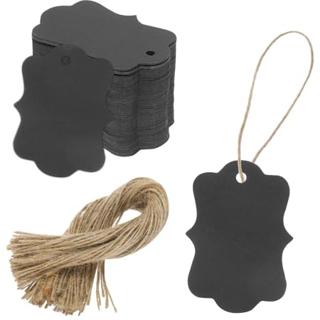 sourcing map 100 etichette regalo in carta kraft con cordino, 5 x 7,1 cm, etichette nere in pasta di legno, etichette per sacchetti regalo, etichette per prezzi, regali di Natale, artigianato fai da
