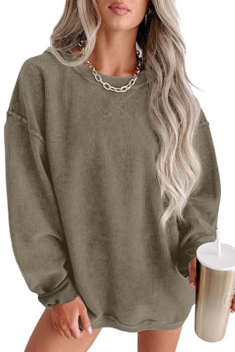 QIXING Women's Oversized Sweatshirts Casual Corduroy Jumper Tops Long Sleeve Crew Neck Pullovers(Dark Khaki, L)