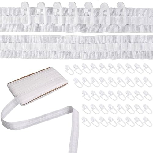 STOUCLA Ruban fronceur pour rideaux, 30 m x 2,5 cm, 50 crochets, Blanc, Polyester, Accessoire de rideau