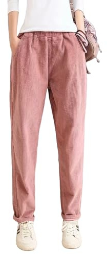 Himifashion Pantalon décontracté pour femme - Automne et hiver - Velours côtelé - Taille élastique - Pantalon chaud, rose, XXL