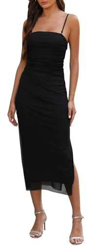 Adigaber Robe pour Femme Imprimée à Bretelles Spaghetti Fente Latérale Maille Ajusté Maxi Robe