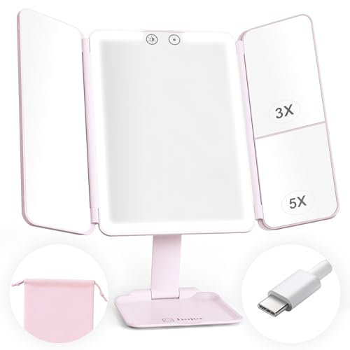 hajer Specchio da trucco luminoso a LED + custodia per il trasporto, ingrandimento 1X/3X/5X, 3 modalità di illuminazione, touch e ricaricabile USB-C con batteria al litio. Specchio portatile (Rosa)