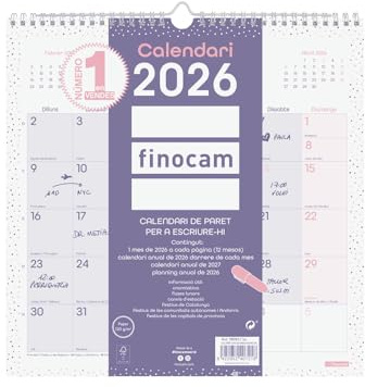 Finocam - Väggkalender 2026 månadsvy januari–december (12 månader) | Kalender för anteckning 2026 | Trendy Chic Purple månadsvis – katalansk