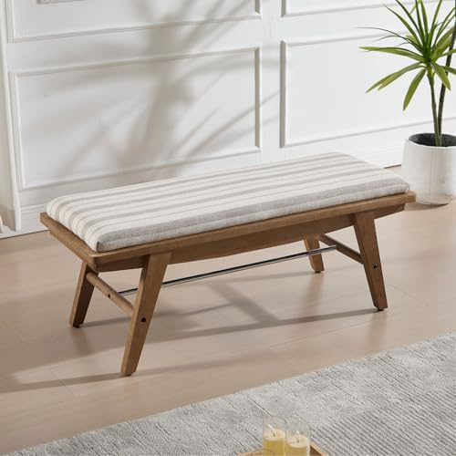 chairus Banco Largo de Madera Bancos de Entrada Estilo Retro, Banqueta para Zapatos Acolchada Banco para Pies de Cama Estilo Rústico para Salón/Dormitorio, Estampado Rayas