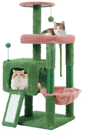 TWDEPART 37.5 All-in-One Cat Tree Tower with Scratching Board & Posts Cozy Sleeping Perch Hammock and Toy Balls, Green