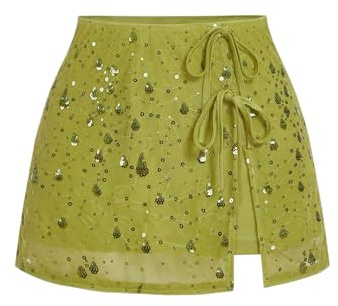 Floerns Women's Plus Size Sequin Mini Skirt Bow Tie Front Beaded Glitter A Line Skirt Green 3X-Large Plus