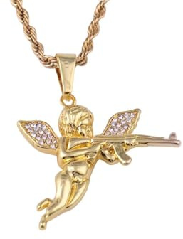 ZZ ZINFANDEL Gold Angel Necklace Gun Necklace Pendant Chain,Cubic Zirconia Mens Angel Wings Necklace Choker,Sparkled Cupid Chain Stainless Steel Hip Hop Jewelry (Gold2)