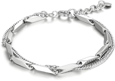 MOTIBACK Bracelet Homme Acier Titane Double Couche Bracelet en Argent 17/19/21cm + 3cm d'Extension Style Hip-Hop & Minimaliste Cadeau pour partenaire, Eine Grösse, Acier inoxydable