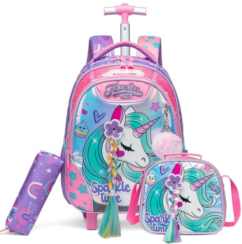 Egchescebo Zaino con Rotelle Bambina Animali Unicorno con le Trecce Trolley Zainetto Asilo Scuola Elementare Primaria Borsa Pranzo Portamatite Carrello Valigia Ragazza per Valigia da Viaggio Rosso
