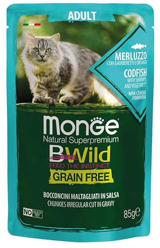 Monge BWild Grain Free Cibo Umido per Gatti Adulti, Merluzzo con Gamberetti e Verdure, Grain free 6 Bustine da 85g
