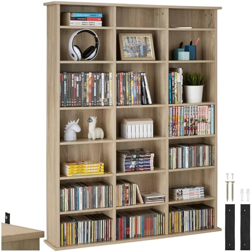 tectake® CD Storage Unit in Wooden Look with Height-Adjustable Shelves, Multipurpose Bookcase for CDs, DVDs, Books, Games, Durable & Stable Shelving Unit for Living Room, Bedroom, Office - Light Wood