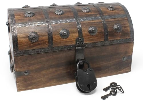 Nautical Cove Pirate Treasure Chest with Iron Lock and Skeleton Key - Wooden Storage and Decorative Box (Medium 11 x 6 x 6.75)