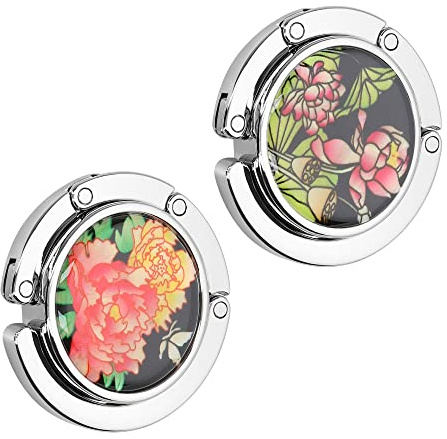 kwmobile Handväskekrokar för bord – set med 2 bärbara handväskekrokar vikbar väskhållare handväskhängare för bord med design – blommig handväska krok rosa/gul/grön
