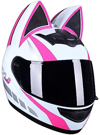 Kcolic Motorradhelm Für Mädchen Und Damen, Katzenohren-Helm, ECE-Zertifizierter Integral-Motorradhelm, Vier-Jahreszeiten-Helme Mit Sonnenblende Für Straßenradrennen, Motocross A,M=54-56CM