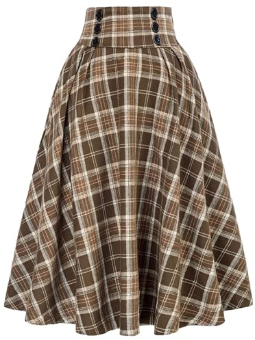DayaEmmoTQ Señoras Largo Vintage Elegante Invierno Falda A-Line Cintura Alta Midi Falda Plisada Faldas Casual Enagua Elástica Falda Círculo Falda Otoño Escocesa Falda Swing Grande