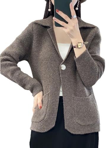 Maglione da donna in 100% lana merino, blazer a maglia solida, con risvolto, Khaki scuro 9, S