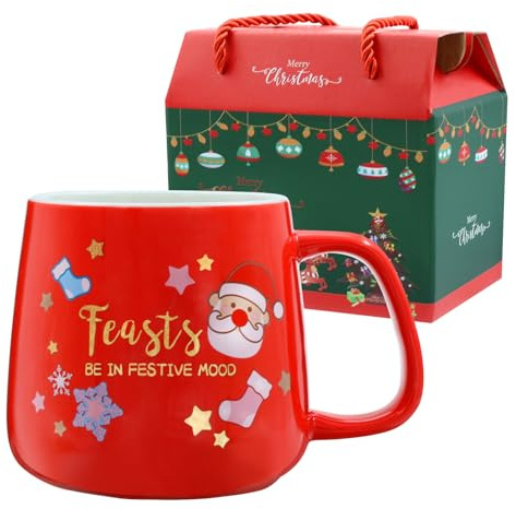 LIHAO Julkopp, röd, kaffekopp, jul, kopp, vinter, kaffekopp, handtag, jultomte, snöflingor, mugg, julklapp, presentset, present (keramik)