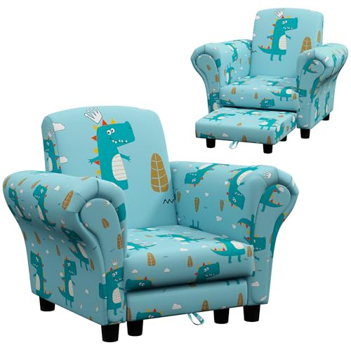 AIYAPLAY Kids Armchair with Stool, 2 Piece Kids Sofa Set with Cloud Design, Wooden Frame, Upholstered Chair for Bedroom, Playroom, Nursery, for 1.5-3 Years Old, Blue