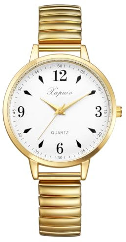 JewelryWe Damenuhr Gold Elastische Uhr: Klassische Einfache Analog Quarz Armbanduhr Damen Edelstahl Stretch-Armband Dünne Uhr mit Zugarmband & großem runden Zifferblatt