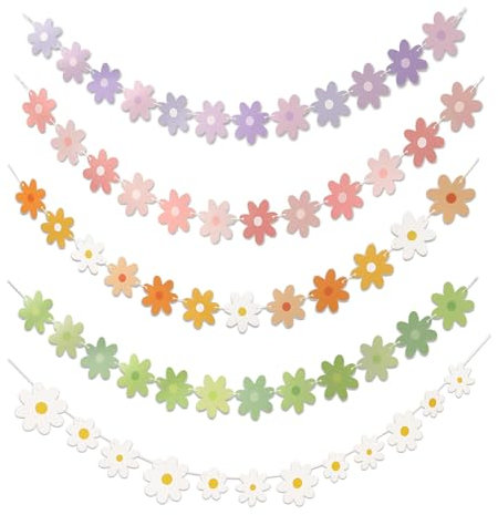 Lot de 5 Bannières de Fête Colorées en Forme de Marguerites,Jolies Décorations de Fête à Suspendre,Décorations Florales pour Fête d'anniversaire de Filles en Intérieur (Blanc,Rose,Jaune,Vert,Violet)
