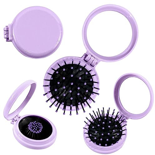 HTRTRR Spazzola pieghevole per capelli con specchio, 4 pezzi, rotonda, portatile, mini spazzola per capelli pieghevole, per uomini e donne, lavoro e viaggi (Viola)