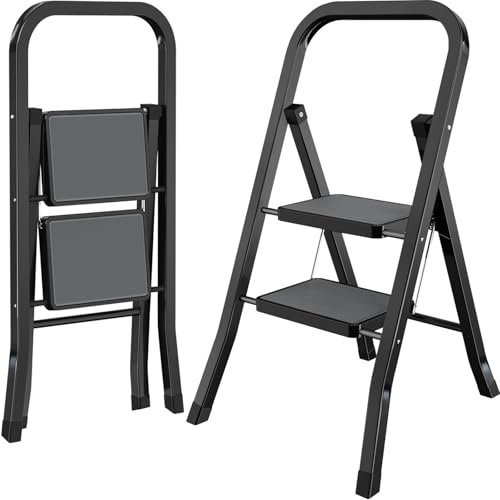 AMHANCIBLE Échelle Pliante, Escabeau 2 Marches avec Verrouillage de sécurité, Large Pédale Antidérapante, Charge jusqu'à 150KG, Échelle Domestique pour Maison, Cuisine, Bureau, Léger, Noir EBSL02BK