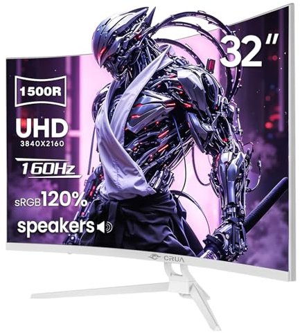 CRUA 32 Curved Gaming Monitor, 4K UHD 3840x2160, 144Hz/160Hz, 1500R VA Display, AMD FreeSync, 120% sRGB, Built-in Speakers,RGB Lighting, HDMI 2.1&DP 1.4, White PC Monitor for Gaming, Streaming & Work