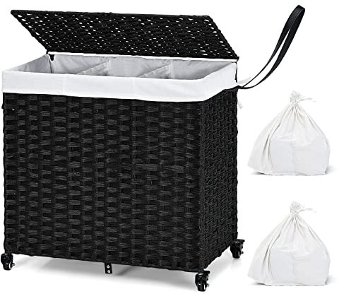 COSTWAY Laundry Basket on Wheels, 125L Rattan Laundry Hamper with Lid, 2 Removable Liner Bags & Handles, 3-Compartment Laundry Sorter Dirty Clothes Bin Washing Basket for Bathroom Bedroom (Black)