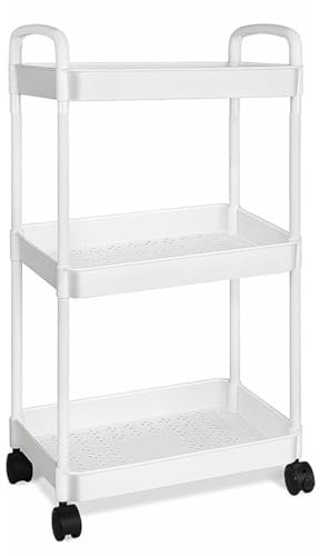 3 Tier Storage Trolley Cart on Wheels, Slim Rolling Utility Cart with Handle, Mobile Storage Shelving Organizer for Kitchen, Bathroom, Laundry Room, Bedroom, Narrow Places, Plastic (Cream White)