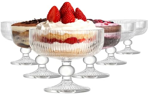 TOLASTO Dessert Bowls Set of 6, Vintage Strips Embossed Glass Footed Dessert Ice Cream Trifle Salad Candy Cake Bowl for Home Party Wedding - 320ml (11 oz), Transparent
