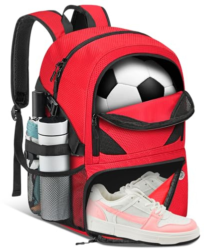 Soccer Bag, Lightweight Soccer backpack with Ball Compartment & Shoe Compartment for Basketball Volleyball & Football, Large and Water Resistant Sports Backpack for Son Daughter Men Women Red