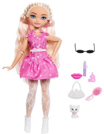 Barbie Dream Besties Malibu, bambola snodata dai capelli biondi, abito trendy a cuori e stivali glitterati, 7 accessori a tema make-up inclusi, 4+ anni, JKP50